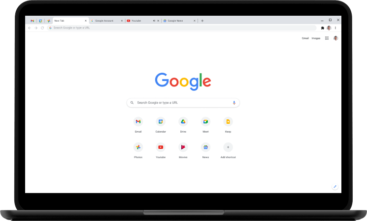 Kannettava, jonka näytöllä näkyy Google.com-etusivu.