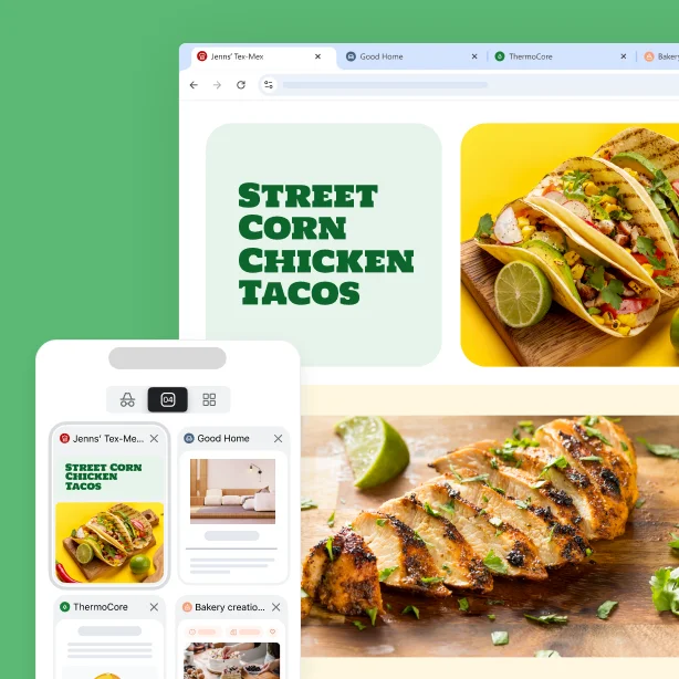 Dieselbe Rezept-Website auf verschiedenen Geräten – ein Tab lässt sich überall finden, wo du in Chrome angemeldet bist.