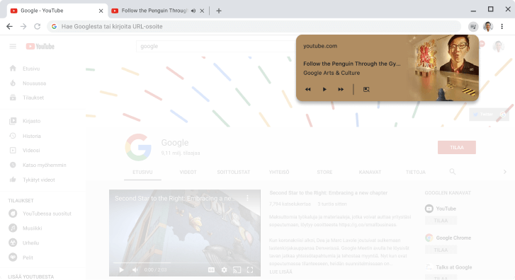 Chrome-selainikkuna, jossa näkyy mediaohjaimien valintaikkuna.