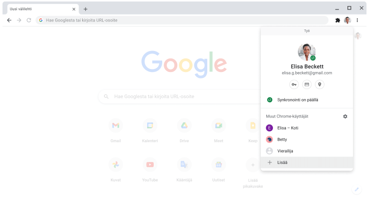 Chrome-selain, jossa näkyy profiilin valintaikkuna.