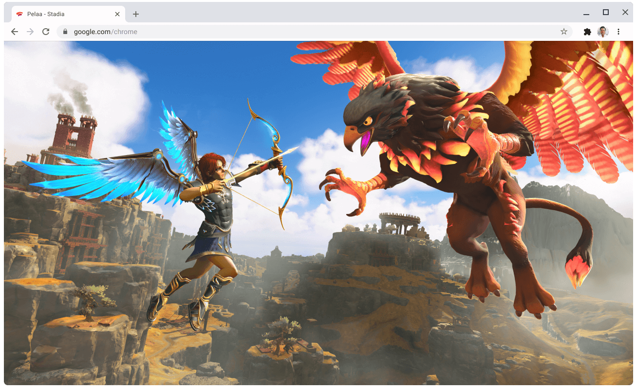 Näytöllä on stadia.google.com-sivu ja käynnissä oleva peli.