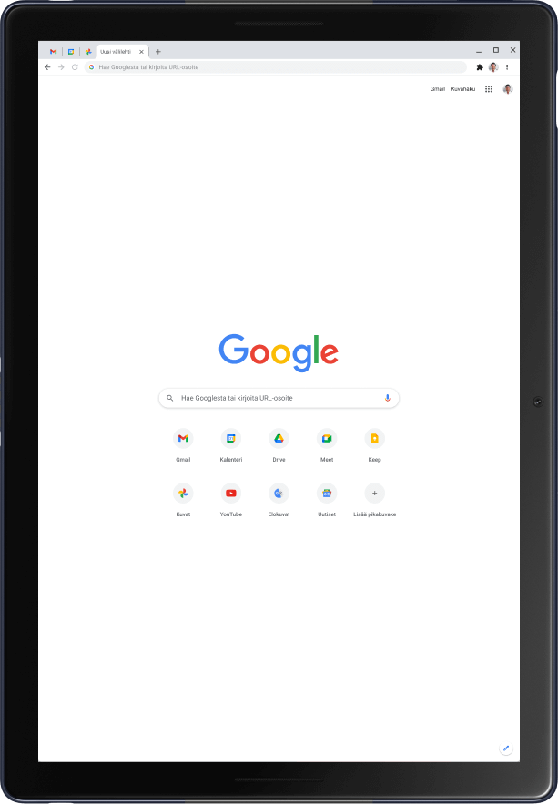 Pystytilassa oleva Pixel Slate ‑tabletti, jonka näytöllä näkyy Googlen etusivu.