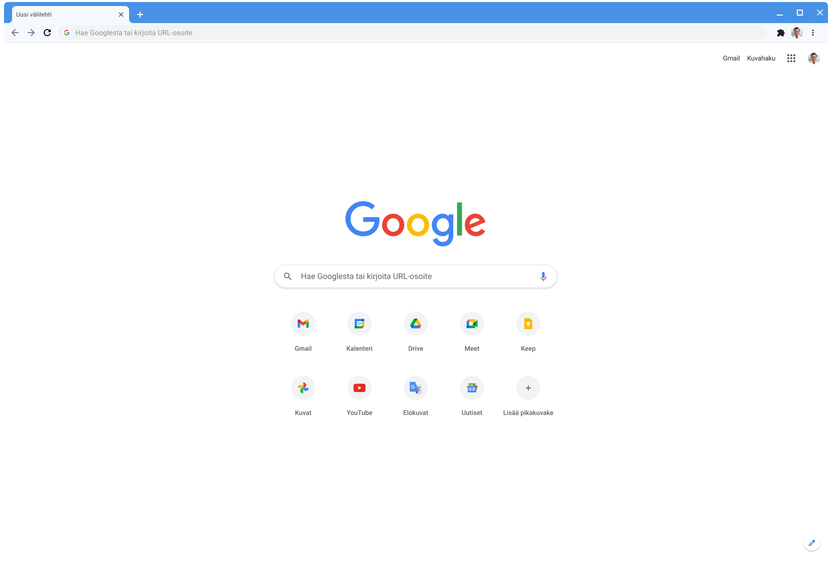 Klassista teemaa käyttävä Chrome-selainikkuna, jossa näkyy Google.com-sivusto.