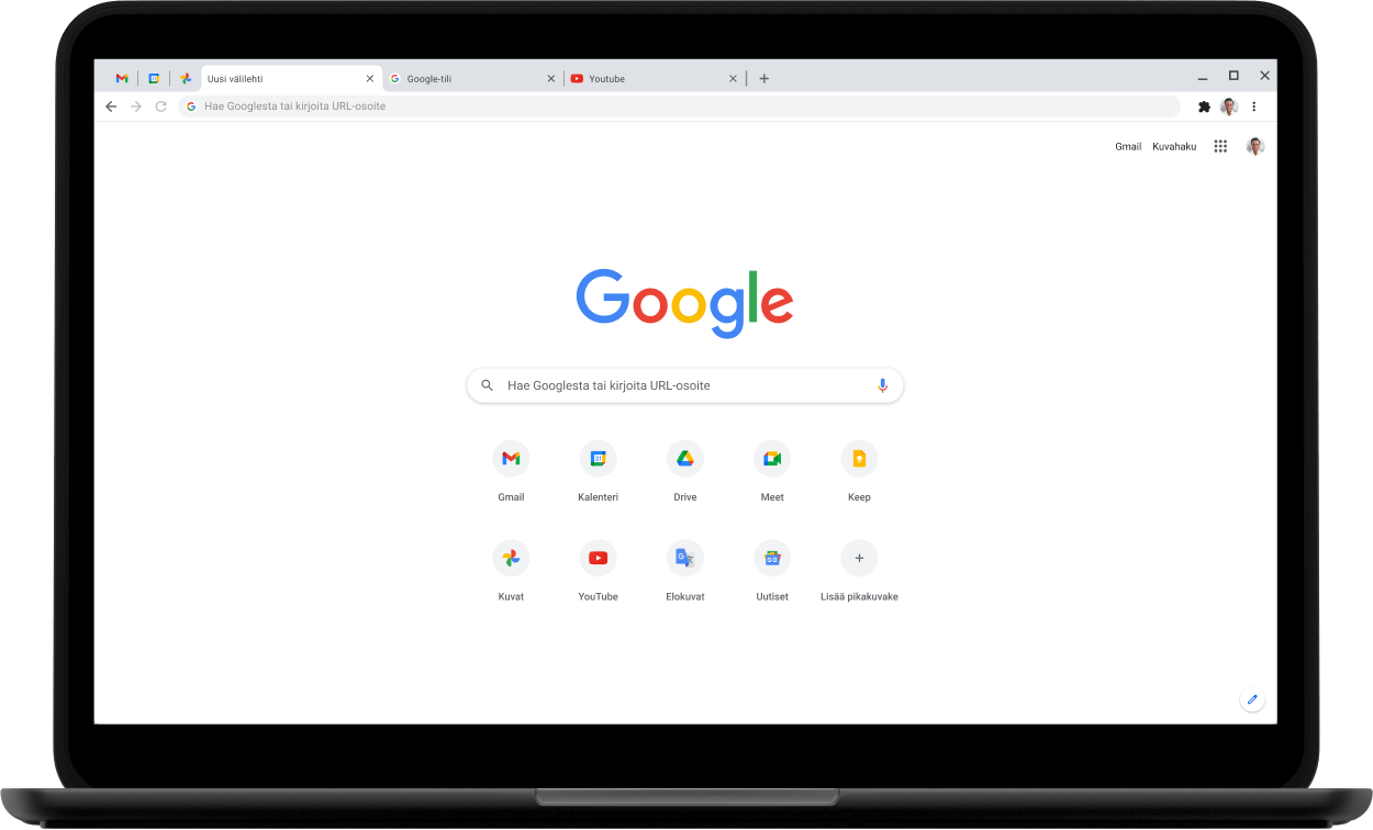 Pixelbook-kannettavan vasen yläkulma ja näyttö, jolla näkyy Google.com-sivusto.