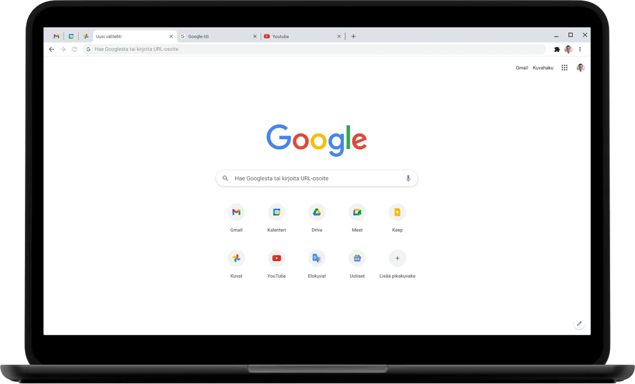 Pixelbook-kannettavan vasen yläkulma ja näyttö, jolla näkyy Google.com-sivusto.