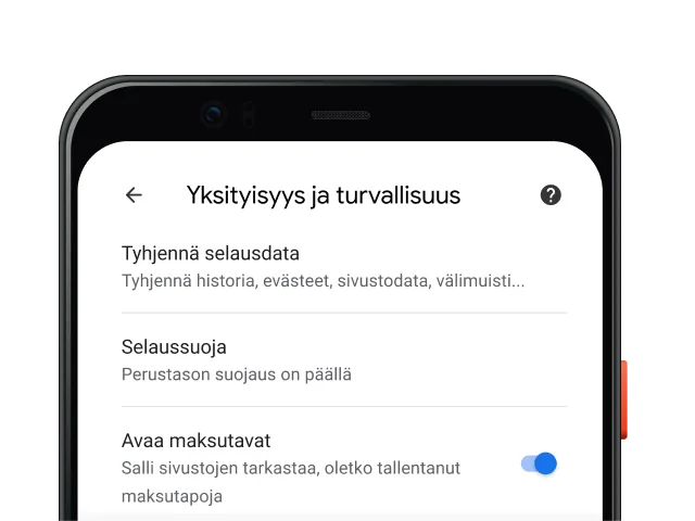 Chrome-selaimen tietosuoja- ja turvallisuusasetussivu mobiililaitteella.