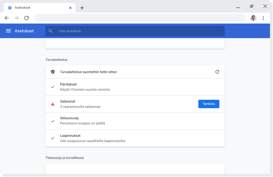 Chrome-selainikkuna, jossa näkyvät synkronointia käyttävien Google-tilien tili- ja synkronointiasetukset.