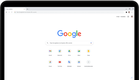 Pixelbook Go ‑kannettavan vasen yläkulma ja näyttö, jolla näkyvät Google.com-hakupalkki ja suosikkisovellukset.