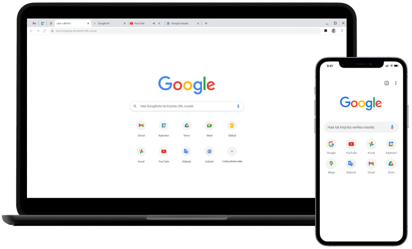 Kannettava tietokone ja mobiililaite, jonka näytöllä näkyy Google.com-etusivu.