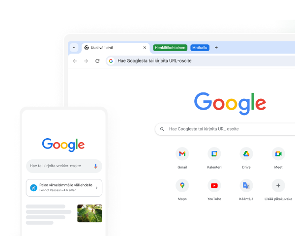 Mobiililaitteella ja tietokoneella näkyy Googlen etusivu Chromessa.