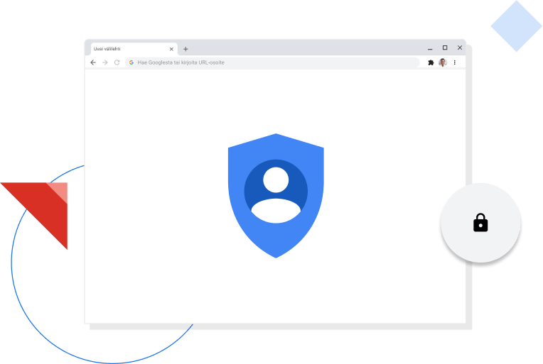 Chrome-selainikkuna, jossa näkyy Googlen tietosuojakuvake.