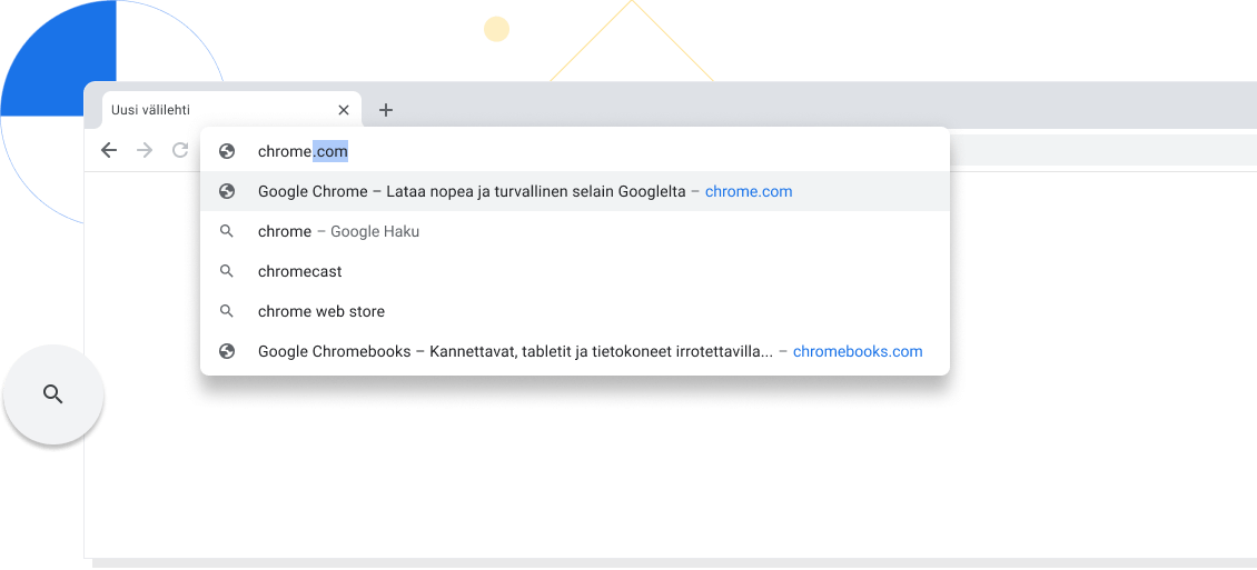 Uusi välilehti lähennettynä Chrome-selainikkunassa, jonka osoitepalkissa näkyy chrome.com-osoite.