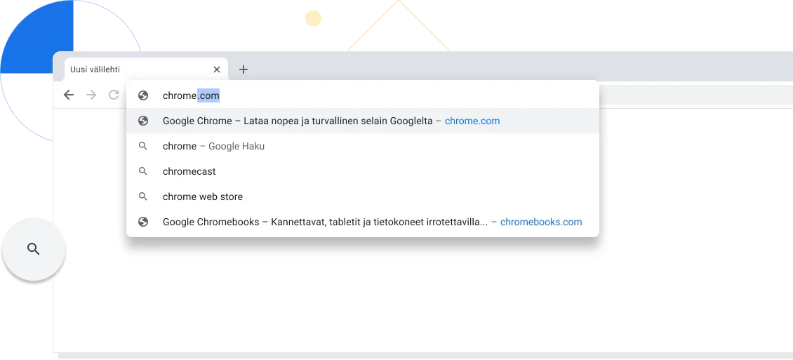Uusi välilehti lähennettynä Chrome-selainikkunassa, jonka osoitepalkissa näkyy chrome.com-osoite.