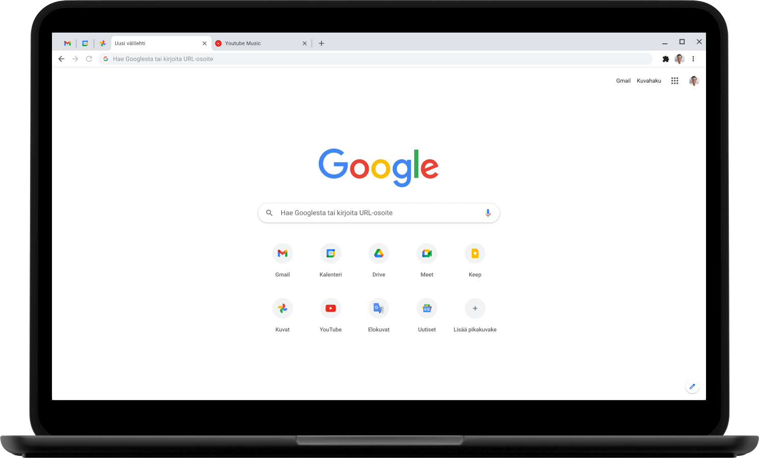 Kannettava, jonka näytöllä näkyy Google.com-etusivu.