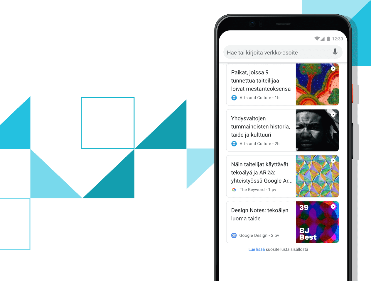 Sinulle valitut artikkelit Pixel 4 XL ‑puhelin, jonka näytöllä näkyy linkkejä suositeltuihin artikkeleihin.