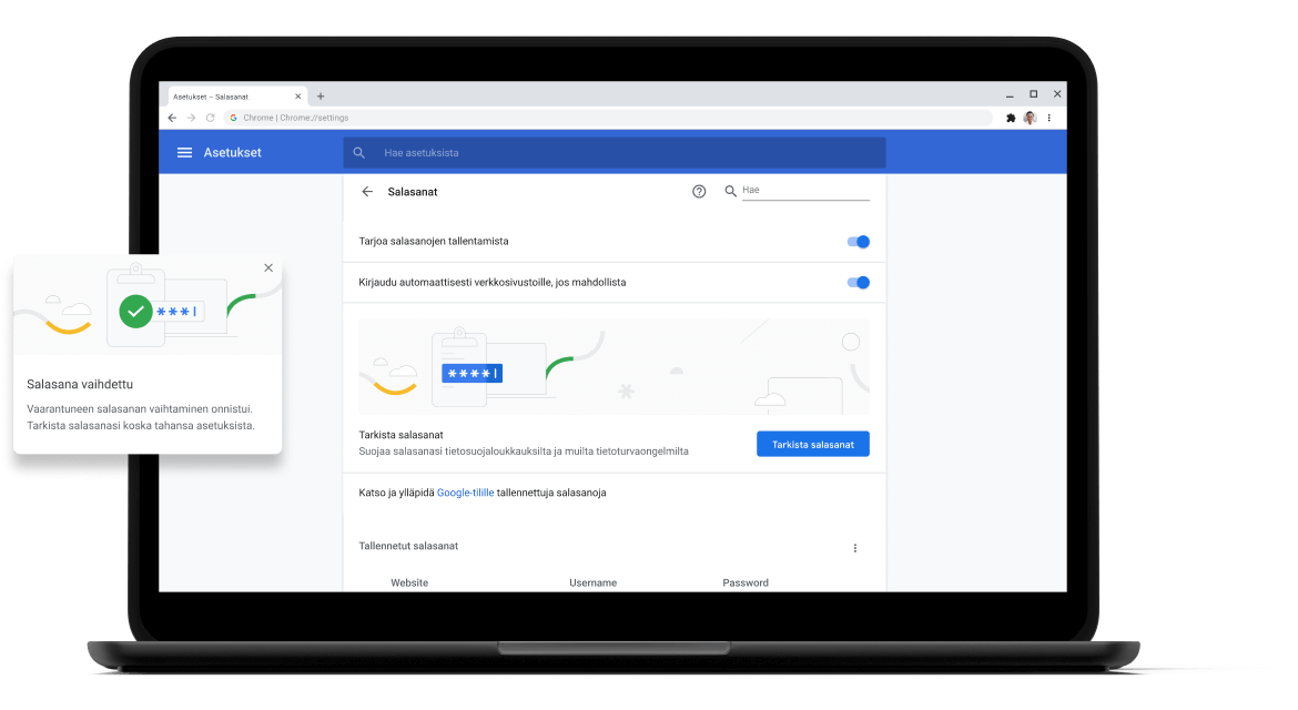 Salasanojen tarkistus Pixelbook Go laptop with screen displaying Chrome password check with a passsword update dialog box.