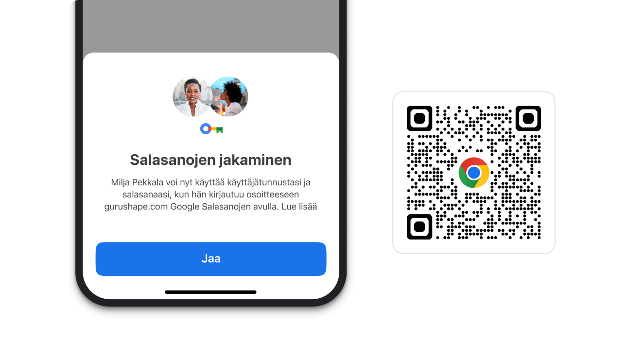 Chromen moduuli, jonka avulla voit jakaa salasanoja. Moduulin vieressä on QR-koodi, jonka kautta Chromen voi ladata.