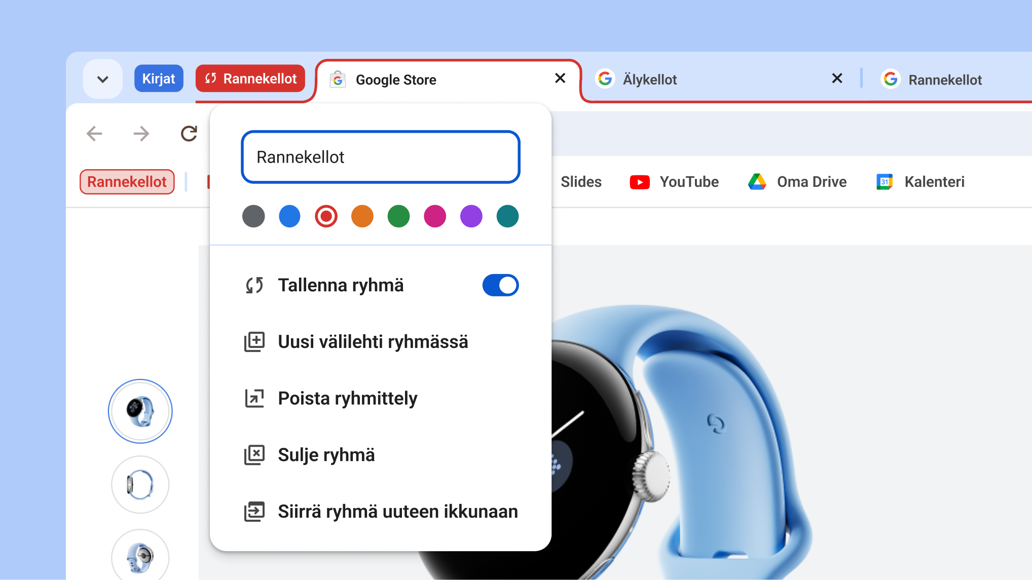 Avattu välilehtiryhmävalikko, jossa näkyvät uudet ryhmän tallennus- ja piilotusvaihtoehdot