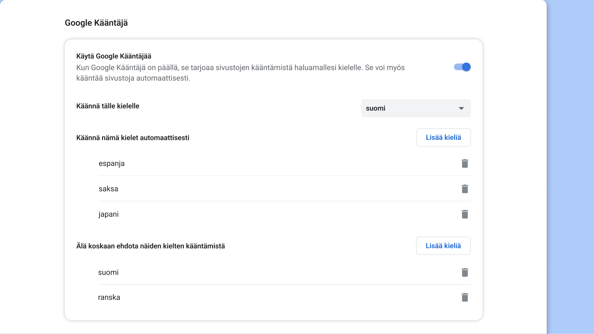 Google Kääntäjän asetussivu Chromessa