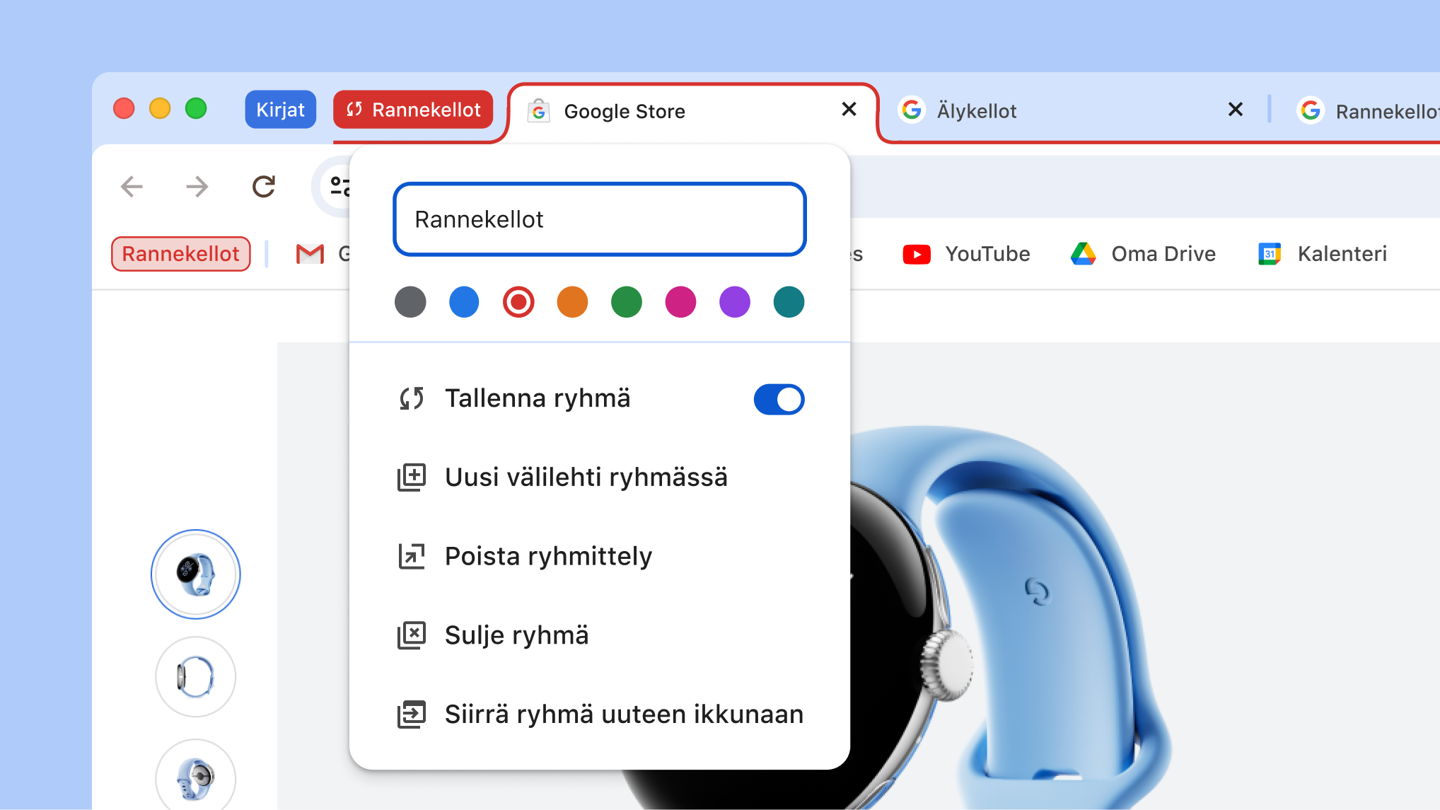 Avattu välilehtiryhmävalikko, jossa näkyvät uudet ryhmän tallennus- ja piilotusvaihtoehdot