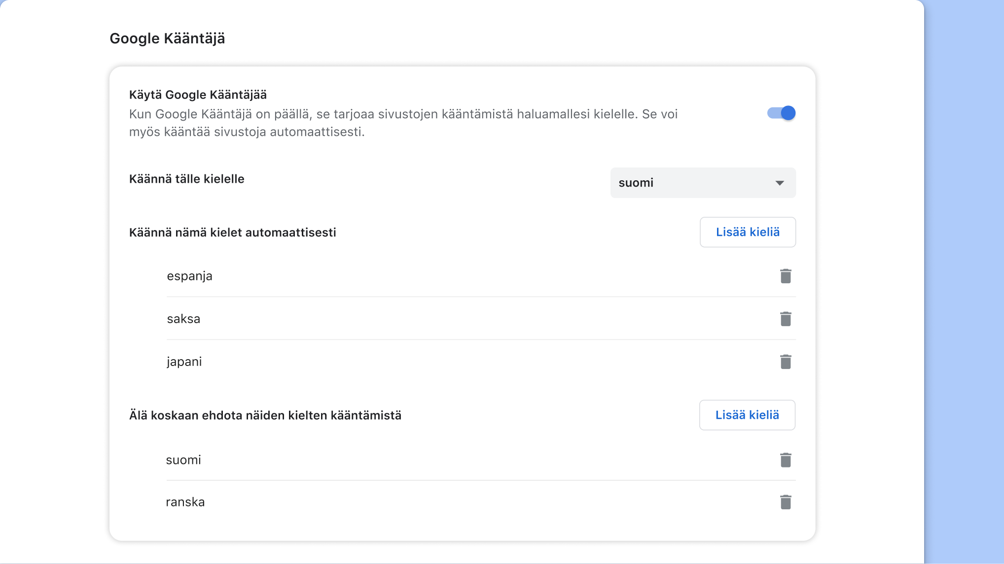 Google Kääntäjän asetussivu Chromessa