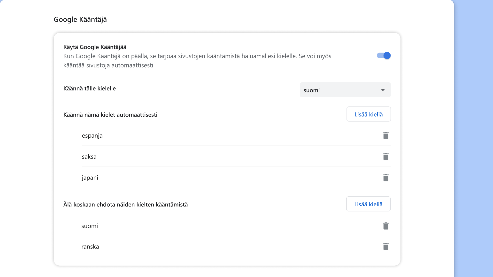 Google Kääntäjän asetussivu Chromessa