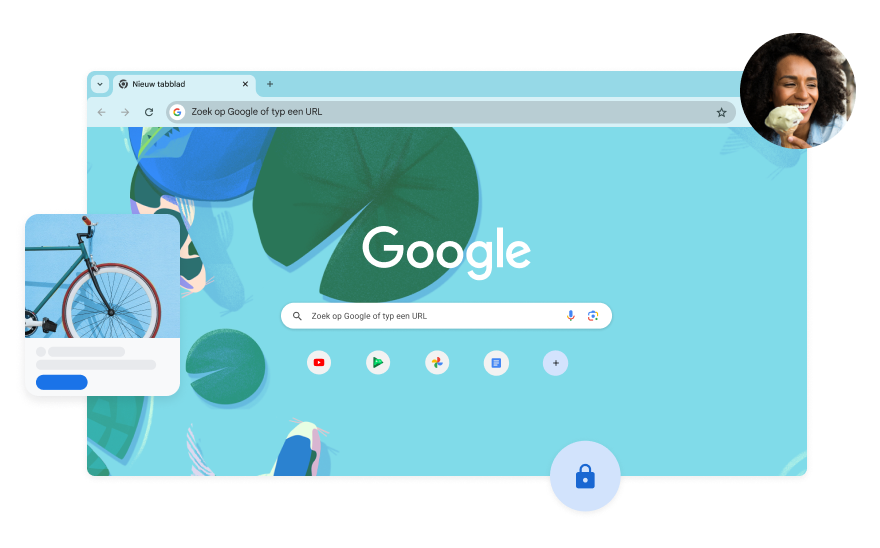 De achtergrond van de Google-zoekpagina bestaat uit een blauwe illustratie van vissen in een koivijver. In één hoek staat een foto van een vrouw.