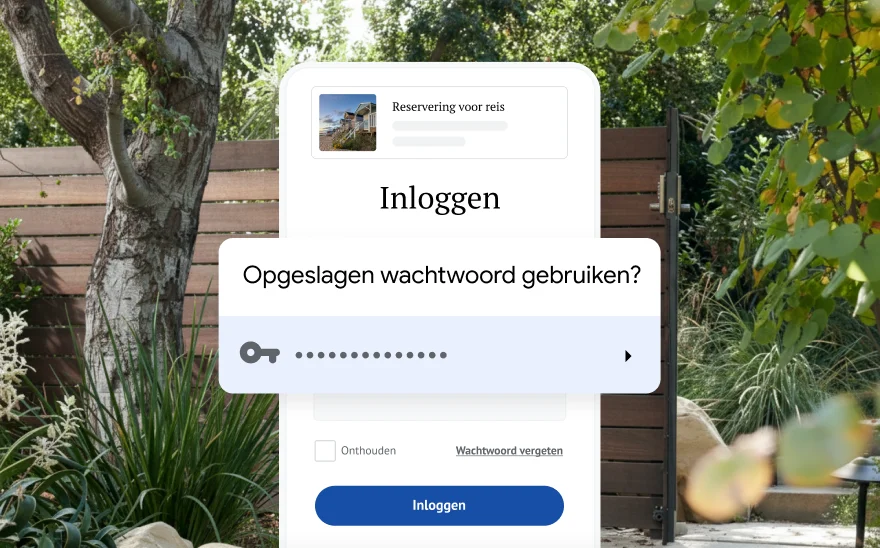 Een inlogpagina voor een reisreservering vraagt of de gebruiker een opgeslagen wachtwoord wil gebruiken. De achtergrond bestaat uit een natuurtafereel.