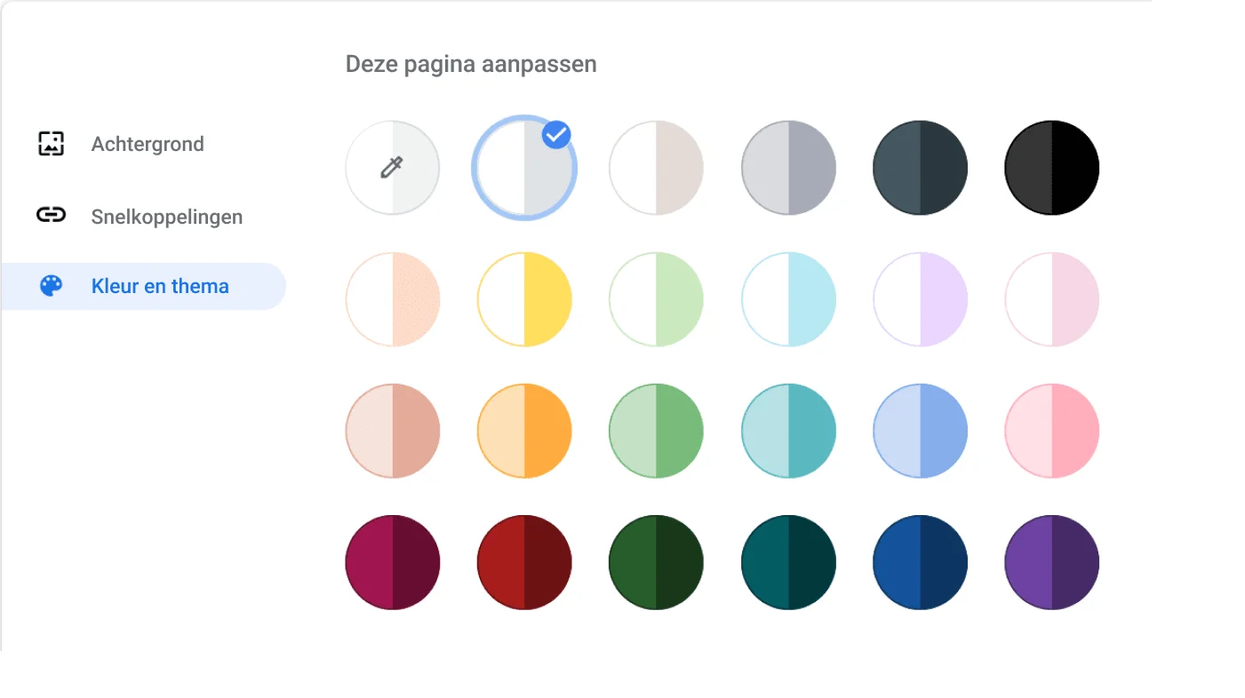 Venster met Chrome-browserinstellingen met het dialoogvenster Kleur en thema.