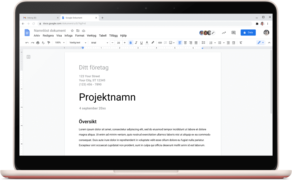 Skärm med Google Dokument som visar en öppen projektmall.