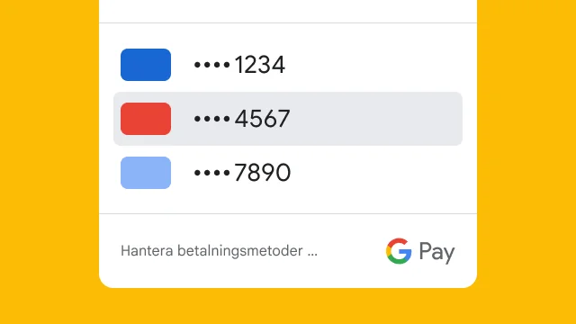 Google Pay visar bara de sista fyra siffrorna från tre kreditkort av säkerhetsskäl.