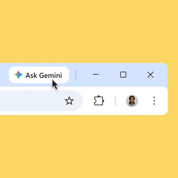 A Gemini icon is shown at the top of a Chrome browser bar. The user hovers on the icon. A tooltip reads 'Gemini in Chrome.'
