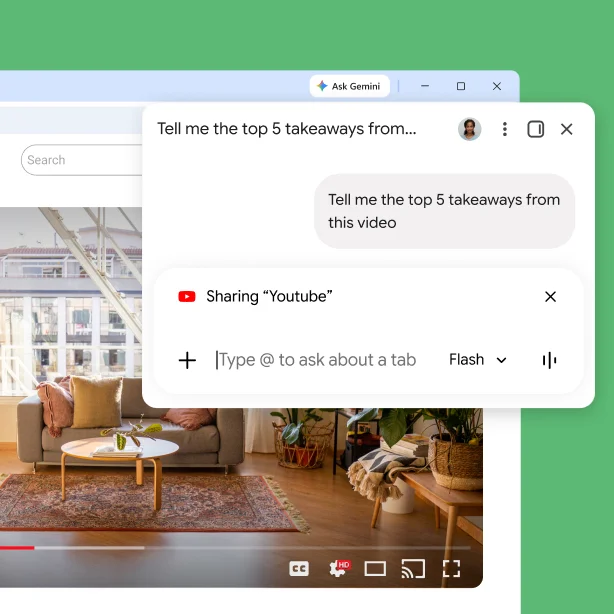 The Gemini in Chrome pop-up is on a YouTube page. The user asks Gemini in Chrome for the top 5 takeaways from the video.