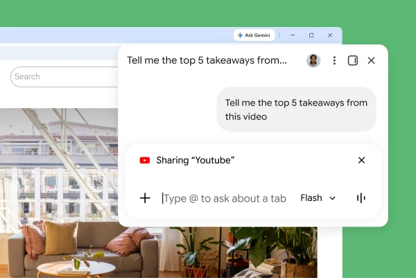 The Gemini in Chrome pop-up is on a YouTube page. The user asks Gemini in Chrome for the top 5 takeaways from the video.