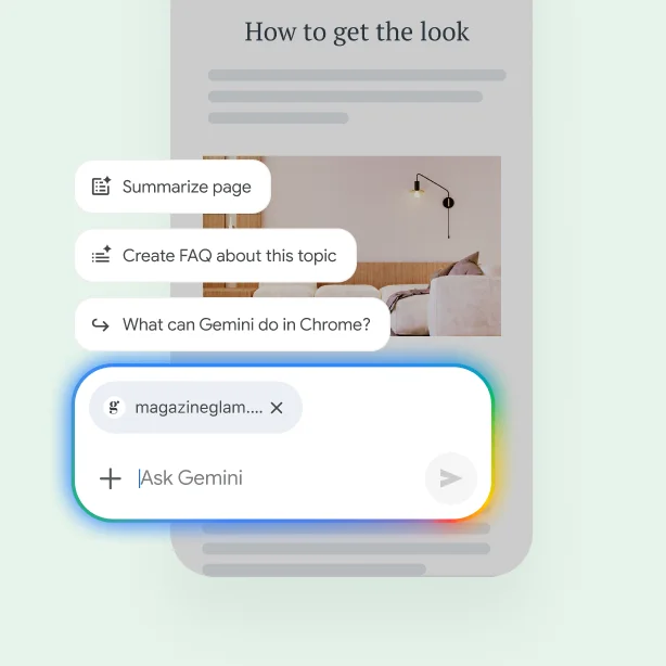Over a webpage on a mobile phone, controls let the user summarize the page, find related sites, or ask Gemini a question.
