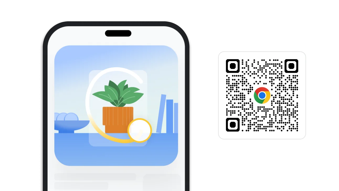 Kuva piirtämällä hakemisesta Chromessa. Kuvan vieressä on QR-koodi, jonka kautta Chromen voi ladata.