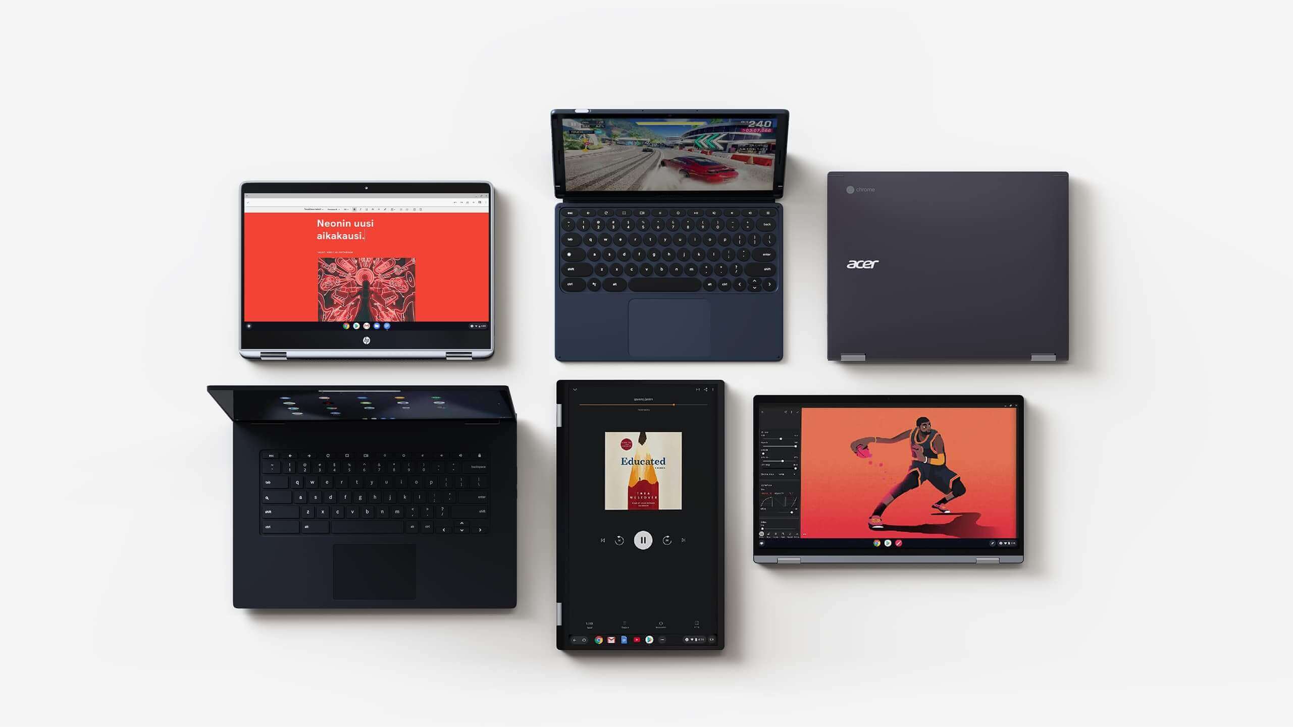 Mitä haluatkin tehdä, Chromebookilla se onnistuu – ja nopeasti. Voit esimerkiksi luoda dokumentteja, pelata Asphalt 9:aa ja lukea bestsellereitä.